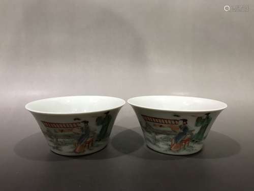 Pair Of Porcelain Wucai Figure-Story Cups