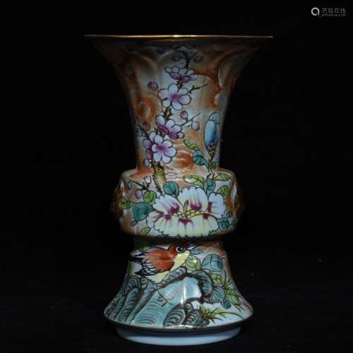 A Porcelain Ru Kiln Famille Rose Vase