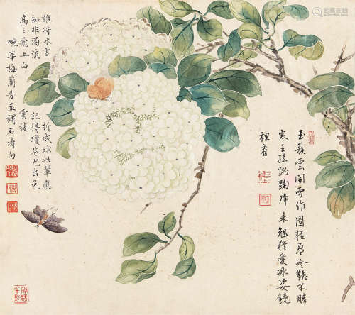 梅兰芳（1894-1961） 花蝶图 镜芯 设色纸本