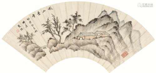 苏曼殊（1884-1918） 秋山萧寺 扇面 设色纸本