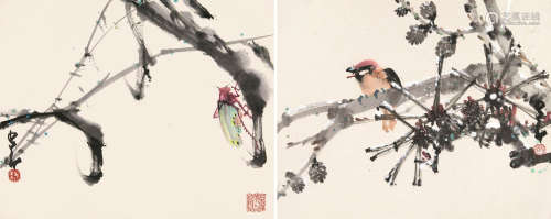赵少昂（1905-1998） 花鸟草虫 （二帧） 镜芯 设色纸本