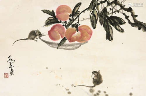 乔木（1920-2002） 鼠趣图 镜芯 设色纸本