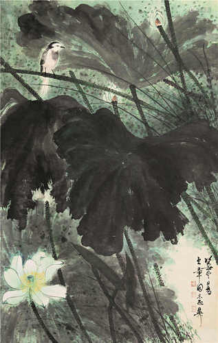 谢稚柳（1910-1997） 荷花翠鸟 立轴 设色纸本