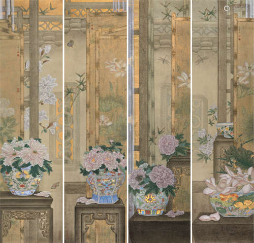 刘宏伟（b.1967） 花卉 四屏镜芯 设色纸本