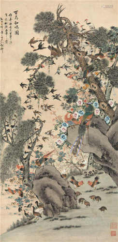 何翀（1807-1883） 百鸟和鸣图 立轴 设色纸本