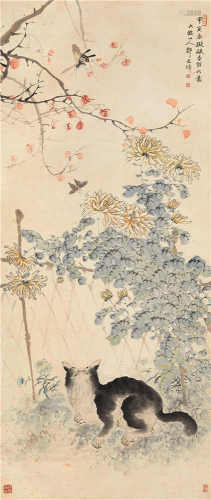 郑文焯（1856-1918） 猫蝶图 立轴 设色纸本