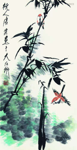 唐云（1910-1993） 竹雀图 立轴 设色纸本