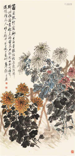 倪田（1855-1919） 篱菊图 立轴 设色纸本