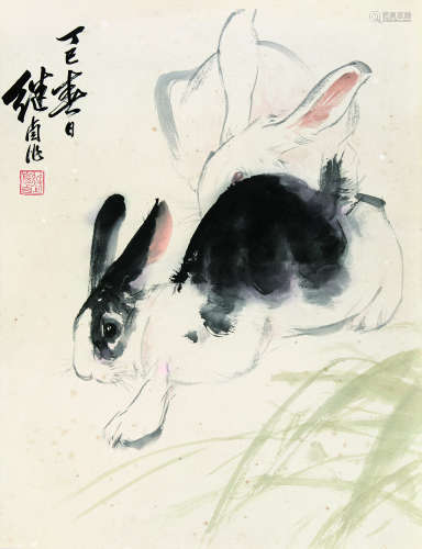 刘继卣（1918-1983） 双兔图 镜芯 设色纸本
