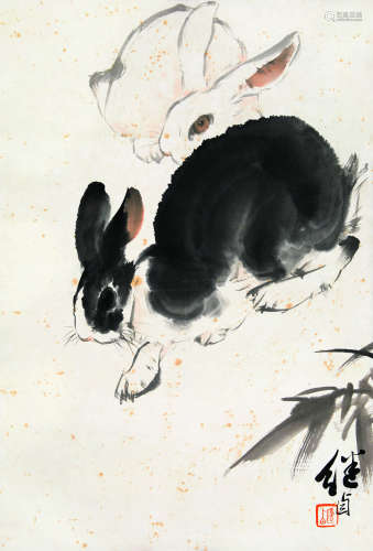 刘继卣（1918-1983） 双兔图 立轴 设色纸本