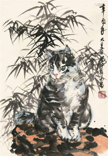 黄胄（1925-1997） 猫竹图 镜芯 设色纸本