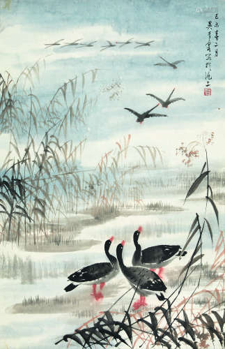 吴青霞（1910-2008） 芦雁图 立轴 设色纸本