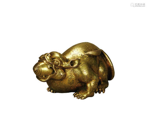 清 铜鎏金錾刻花纹多宝鼠
