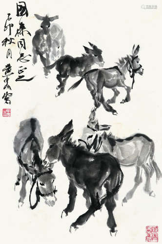 黄胄（1925-1997） 群驴图 立轴 水墨纸本