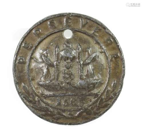 Leith, a beggar's badge, of circular form, cast with the Holy Family in a sailing ship over 1563,