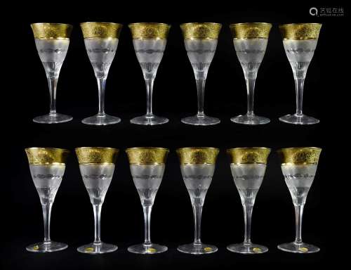 A Set of Twelve Moser Wine Glasses, late 20th century, with etched gilt rims over bands of geometric