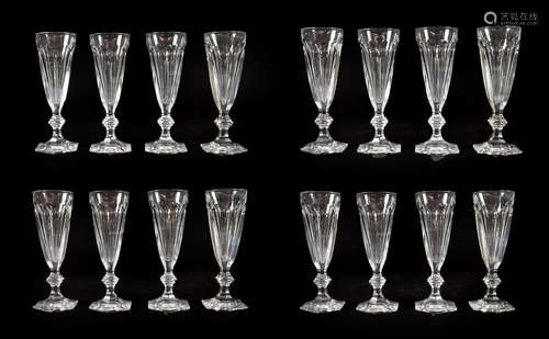 A Set of Eighteen Baccarat Champagne Glasses, modern, Harcourt pattern, with panelled conical bowls,