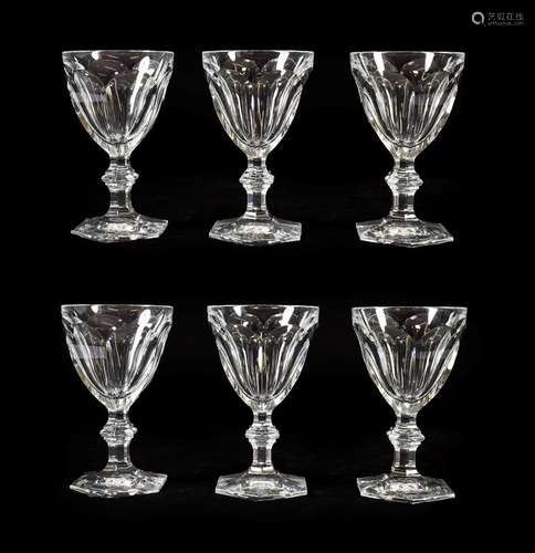 A Set of Six Baccarat Wine Glasses, modern, Harcourt pattern, with panelled ovoid bowls, knopped