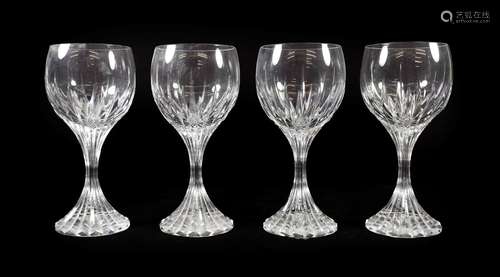 A Set of Four Baccarat Wine Glasses, modern, Massena pattern, with fluted oval bowls, waisted