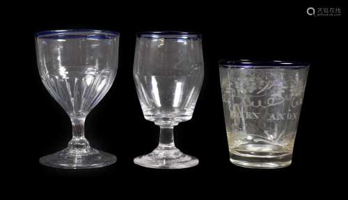 A Glass Beaker, early 19th century, of bucket form with blue glass rim, inscribed ELLEN AXON and