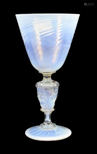 A Salviati & Co Façon de Venise Opal Glass Goblet, circa 1880, the wrythen fluted bowl on a hollow