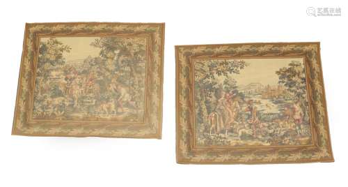 A Pair of Machine Made Tapestries, circa 1900 Each depicting hunting scenes within a rural landscape