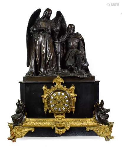 A Victorian Black Slate Bronze and Ormolu Striking Mantel Clock, signed Raingo, Paris, surmounted by