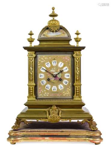 A Gilt Metal and Porcelain Mounted Striking Mantel Clock, circa 1880, caddied pediment with urn