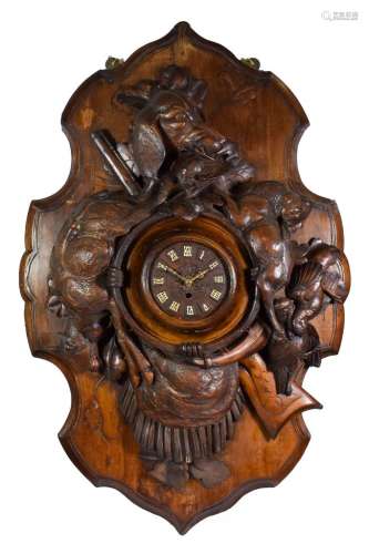 A Black Forest Carved Wooden Hunting Theme Wall Timepiece, circa 1890, carved case depicting a hound