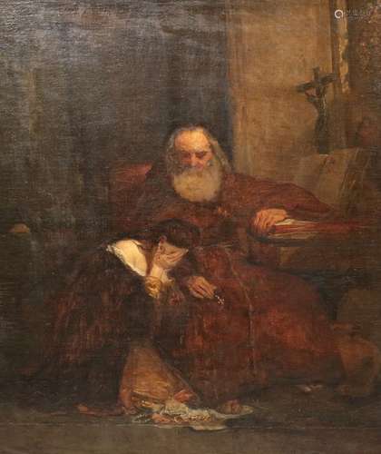 English School (19th century) A lady despairing before a monk in a church interior, jewels at her