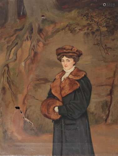 Charles E. Baldock (19th/20th century) Portrait of an elegant lady wearing a brown fur muff with