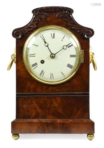 A Mahogany Table Timepiece, circa 1850, arched pediment, carved floral top crest, ringed side