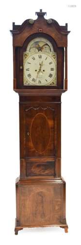 A Mahogany Eight Day Longcase Clock, signed Jno Cooke, Runcorn, circa 1820, swan neck pediment, wavy