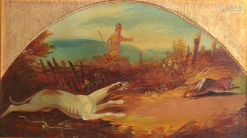 Follower of Henry Thomas Alken (1785-1851) Hound chasing hare Oil on metal, 11.5cm high (demi-lune)