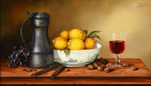 Paul Wilson (b.1945) ''Pewter and Fruit'' Signed, oil on board, 33cm by 58.5cm Provenance: Spencer