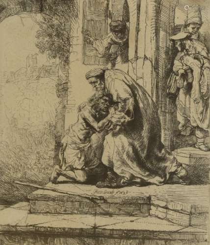 After Rembrandt van Rijn (1606-1669) Dutch Return of the Prodigal Son Etching, 15cm by 13.5cm
