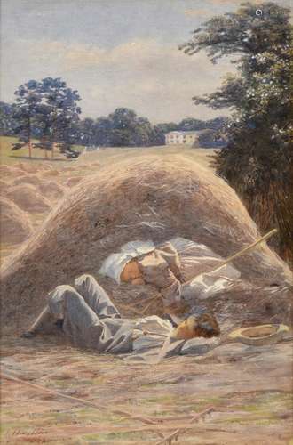 James Hayllar (1829-1920) Two children asleep in a hay bale before a country house Signed and