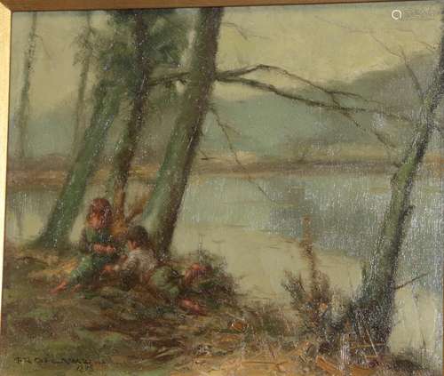 F R Gélard (late 19th century) French Children at rest by a lakeside Signed and dated 1898, oil on