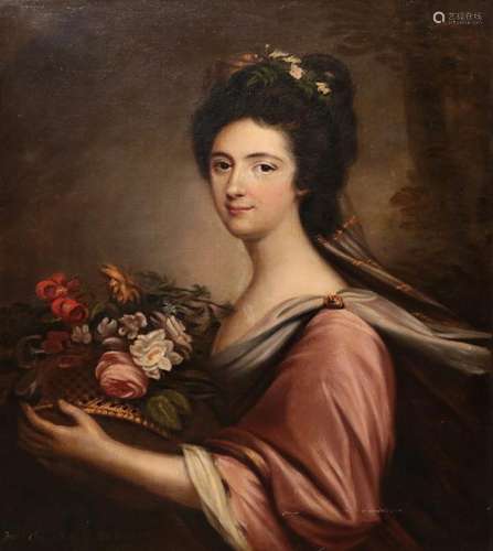 British School (19th century) Portrait of Mrs Campbell of Shaw holding a basket of flowers Oil on