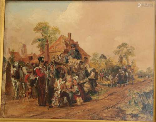 Circle of William Powell Frith (1819-1909) A military regiment stopping in a village Oil on panel,