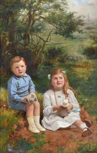 Charles Spencelayh (1865-1958) Portrait of a young boy and his sister seated in a landscape Signed