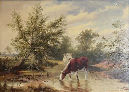 H Leslie Davis (19th/20th century) Cattle watering on a river Signed and dated 1899, oil on board,