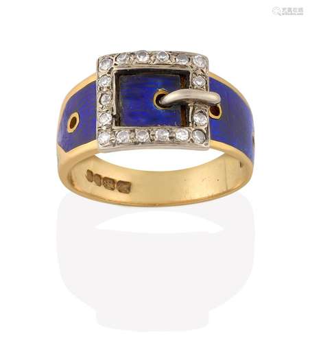 An 18 Carat Gold Edwardian Enamel and Diamond Belt and Buckle Ring, decorated in blue guilloche