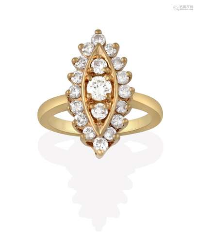 A Diamond Ring, the navette form set throughout with round brilliant cut diamonds, in yellow claw