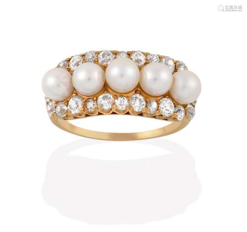 A Cultured Pearl and Diamond Cluster Ring, the five cultured pearls within a border of old cut