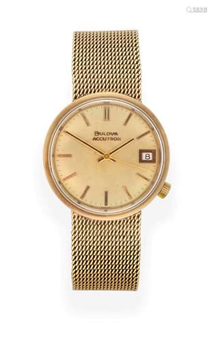 A 9 Carat Gold Calendar Centre Seconds Electronic Accutron Wristwatch, signed Bulova Accutron, 1971,