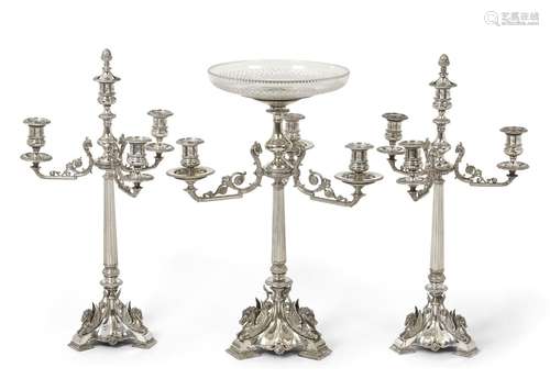 A Three-Piece Victorian Silver Plate Table-Garniture, Apparently Unmarked, Circa 1880, each piece on