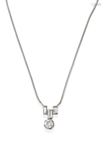 An 18 Carat White Gold Diamond Necklace, a trio of baguette cut diamonds suspend a round brilliant