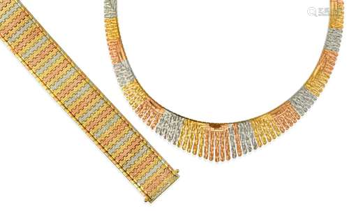 A Fancy Link Necklace, formed of textured tri-coloured graduated links, length 44.5cm; and A Similar