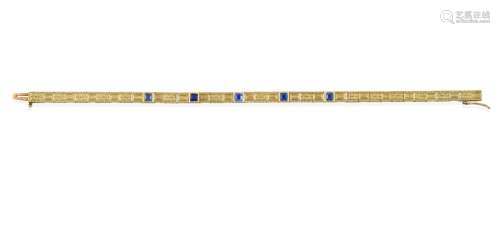 An Early 20th Century Sapphire Bracelet, the articulated yellow plaque links bright-cut engraved
